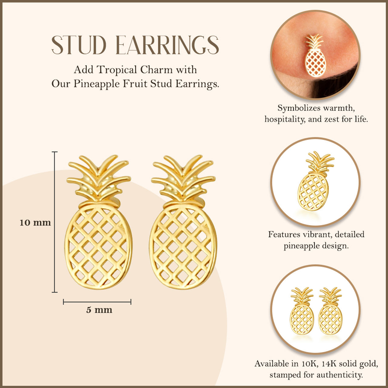 Yellow Gold Pineapple Fruit Stud Earrings