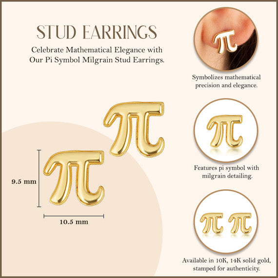 Yellow Gold Pi Symbol Mathematical Milgrain Stud Earrings