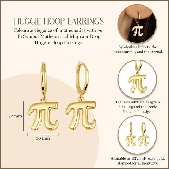 Yellow Gold Pi Symbol Mathematical Milgrain Drop Huggie Hoop Earrings