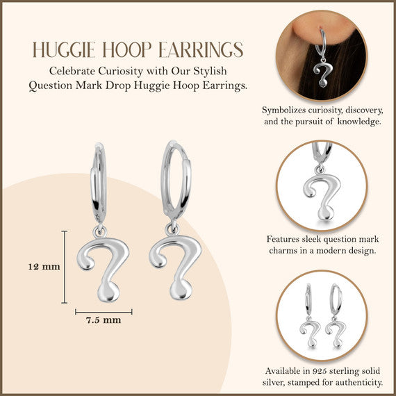 .925 Sterling Silver Question Mark Drop Huggie Hoop Earrings