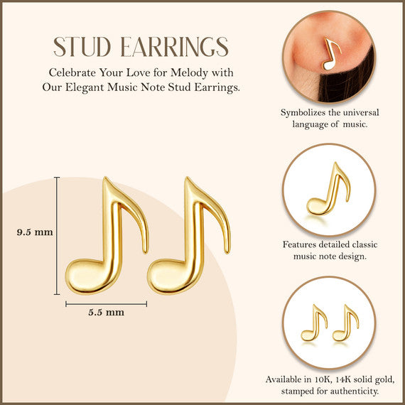 Yellow Gold Eighth Music Note Stud Earrings