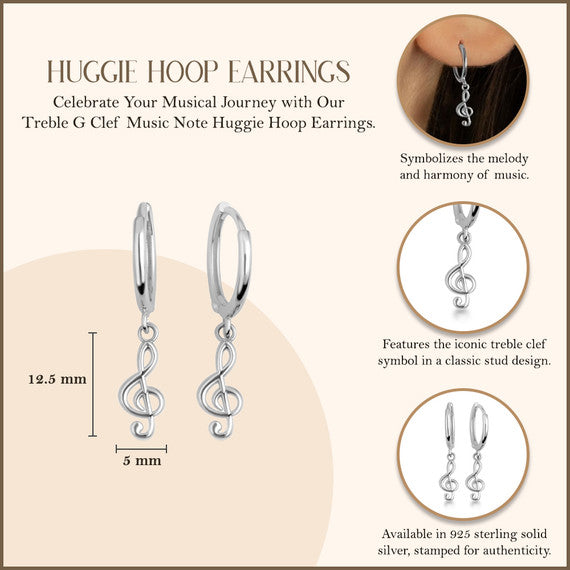 .925 Sterling Silver Treble G Clef Music Note Huggie Hoop Earrings