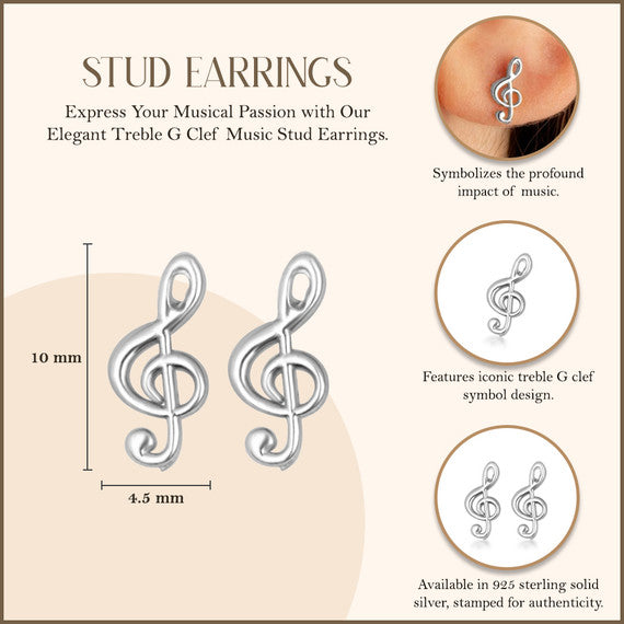 .925 Sterling Silver Treble G Clef Music Note Stud Earrings