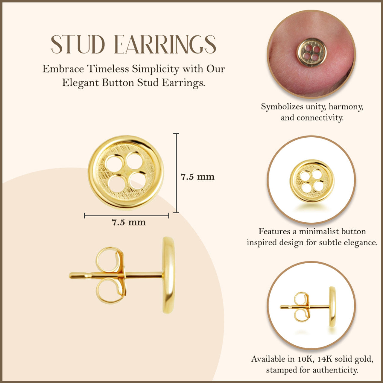 Yellow Gold Button Stud Earrings