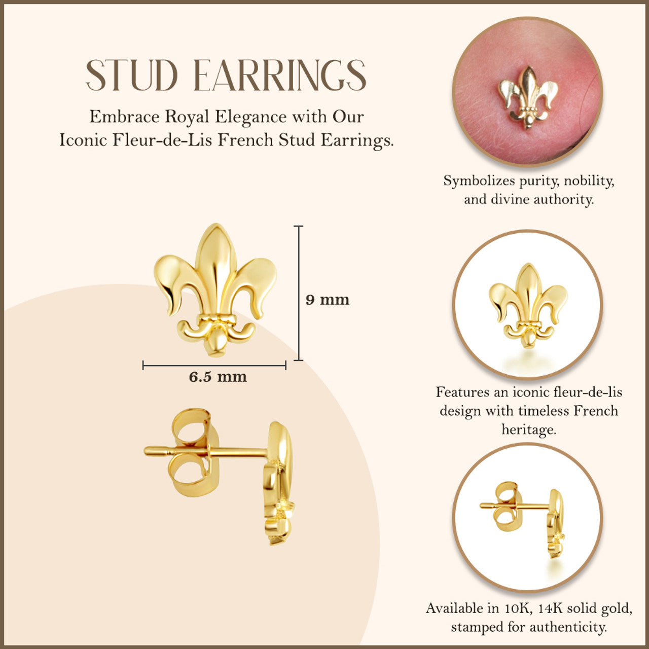 Yellow Gold Fleur-de-Lis French Stud Earrings