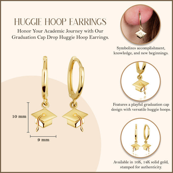 Yellow Gold Graduation Cap Drop Huggie Hoop Earrings