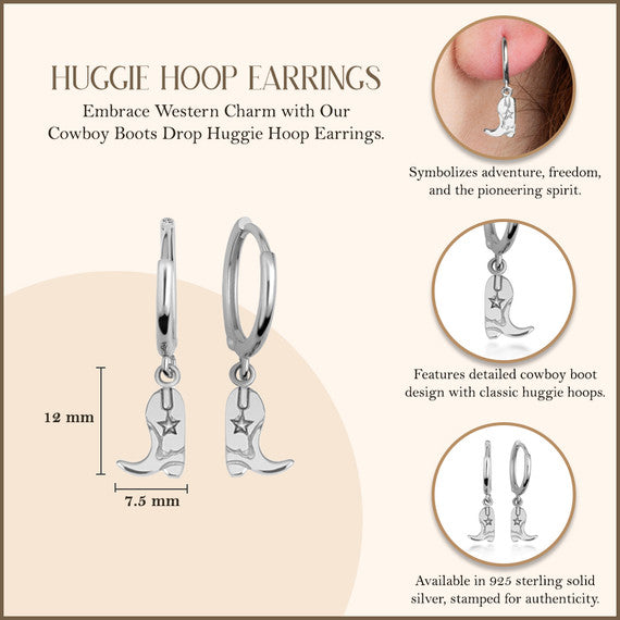 .925 Sterling Silver Western Cowboy Boots Drop Huggie Hoop Earrings