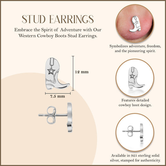 .925 Sterling Silver Western Cowboy Boots Stud Earrings