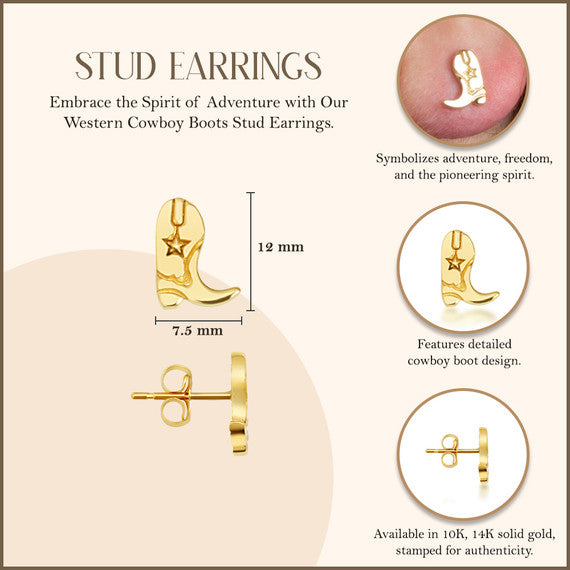 Yellow Gold Western Cowboy Boots Stud Earrings