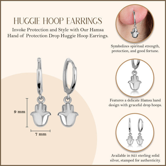 .925 Sterling Silver Hamsa Hand Of Protection Drop Huggie Hoop Earrings