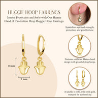 Yellow Gold Hamsa Hand Of Protection Drop Huggie Hoop Earrings