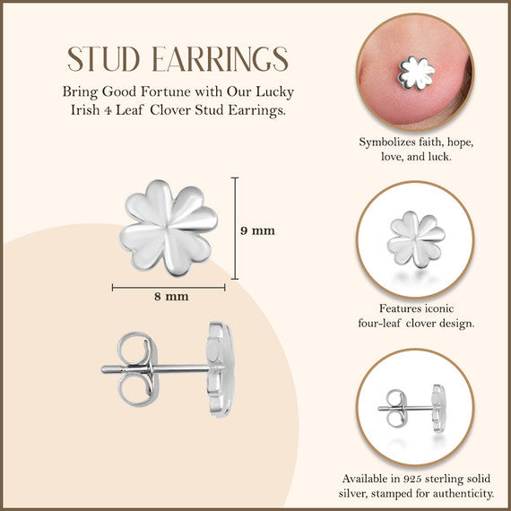 .925 Sterling Silver Lucky Irish 4 Leaf Clover Stud Earrings