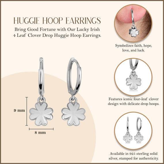 .925 Sterling Silver Lucky Irish 4 Leaf Clover Drop Huggie Hoop Earrings