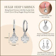 .925 Sterling Silver Lucky Irish 4 Leaf Clover Drop Huggie Hoop Earrings