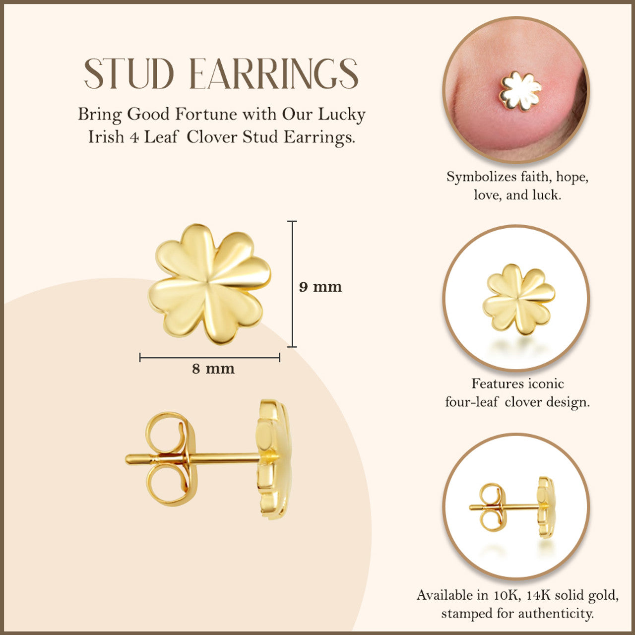 Yellow Gold Lucky Irish 4 Leaf Clover Stud Earrings