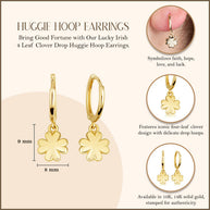 Yellow Gold Lucky Irish 4 Leaf Clover Drop Huggie Hoop Earrings