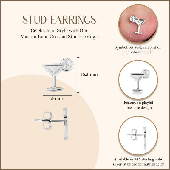 .925 Sterling Silver Martini Lime Cocktail Stud Earrings