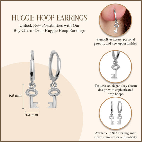 .925 Sterling Silver Key Charm Drop Huggie Hoop Earrings