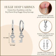 .925 Sterling Silver Key Charm Drop Huggie Hoop Earrings