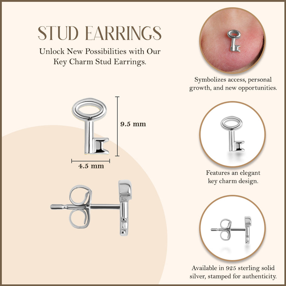 .925 Sterling Silver Key Charm Stud Earrings