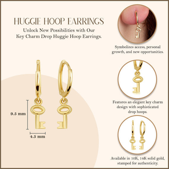 Yellow Gold Key Charm Drop Huggie Hoop Earrings