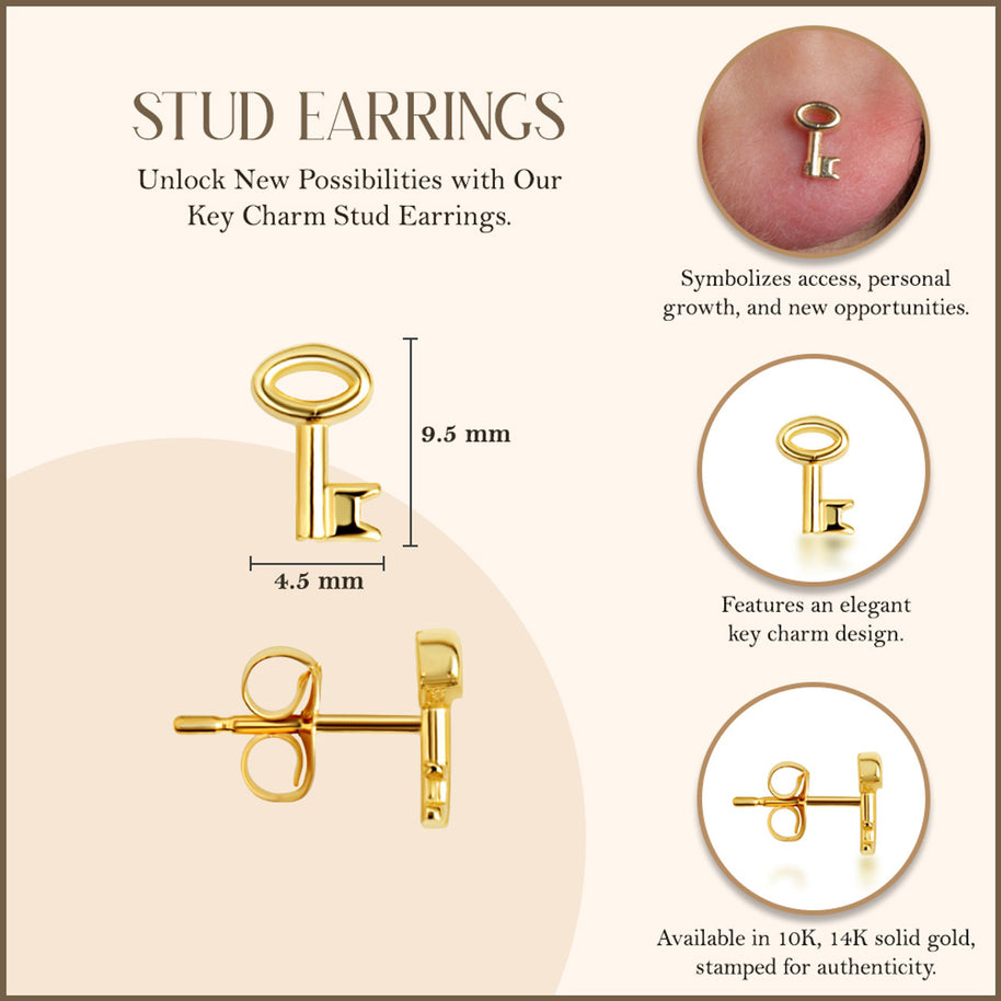 Yellow Gold Key Charm Stud Earrings