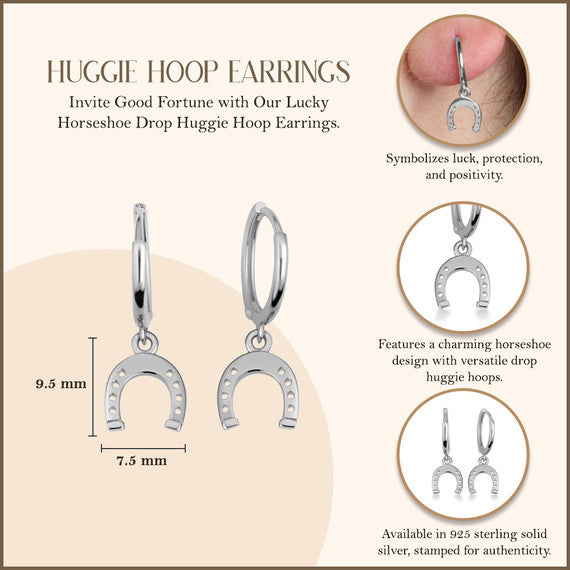 .925 Sterling Silver Lucky Horseshoe Drop Huggie Hoop Earrings