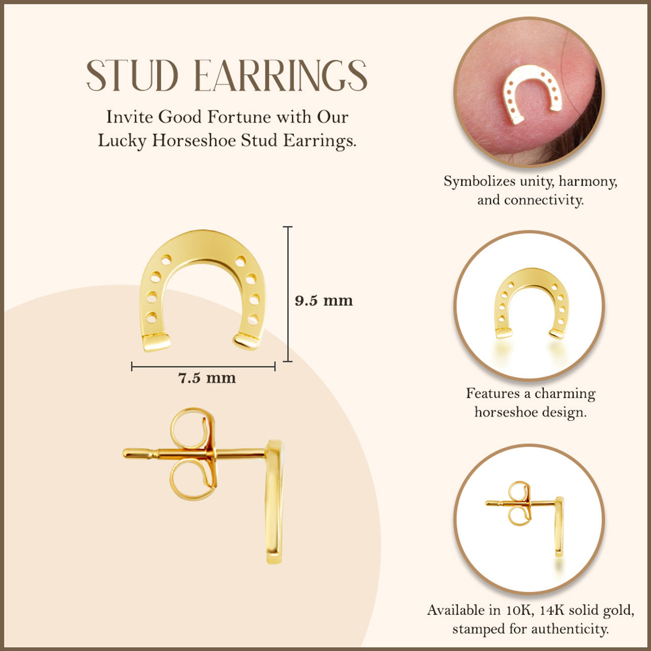Yellow Gold Lucky Horseshoe Stud Earrings