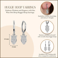 .925 Sterling Silver Owl Drop Huggie Hoop Earrings