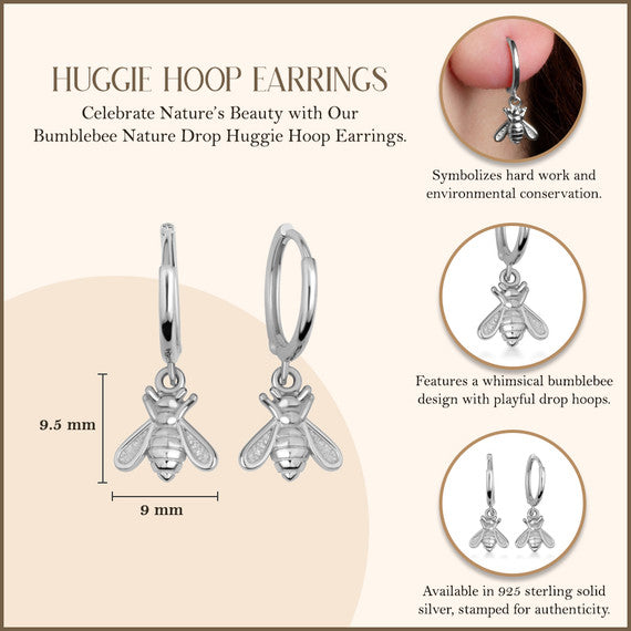 .925 Sterling Silver Bumblebee Drop Huggie Hoop Earrings