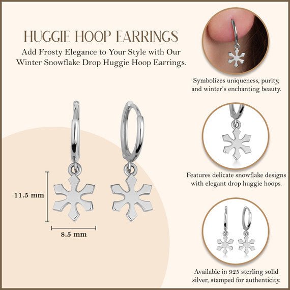 .925 Sterling Silver Winter Snowflake Drop Huggie Hoop Earrings