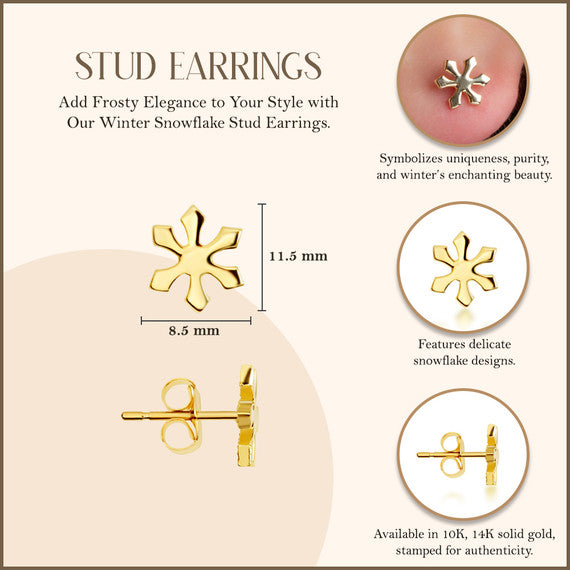 Yellow Gold Winter Snowflake Stud Earrings
