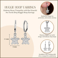 .925 Sterling Silver Sea Turtle Ocean Drop Huggie Hoop Earrings