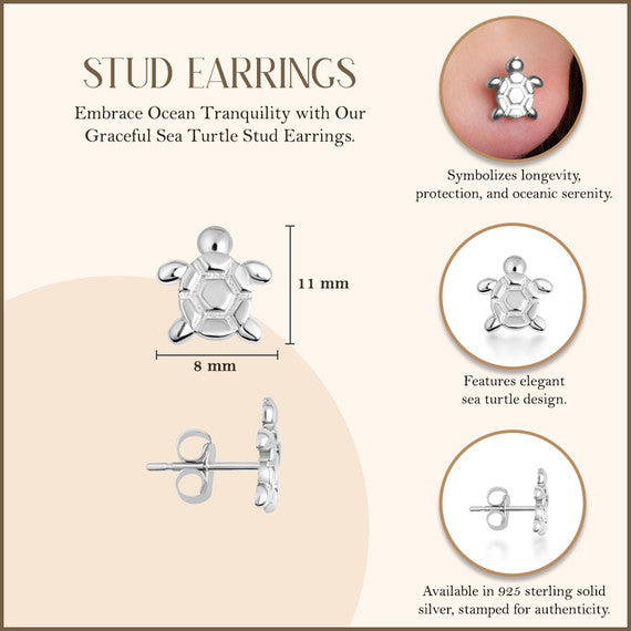 .925 Sterling Silver Sea Turtle Ocean Stud Earrings