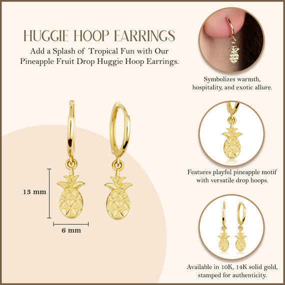 Yellow Gold Pineapple Fruit Drop Huggie Hoop Earrings