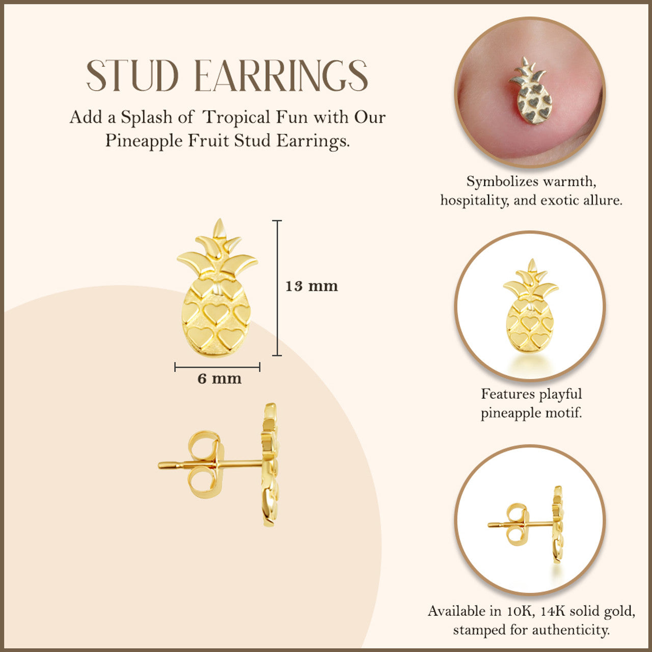 Solid Yellow Gold Pineapple Fruit Stud Earrings