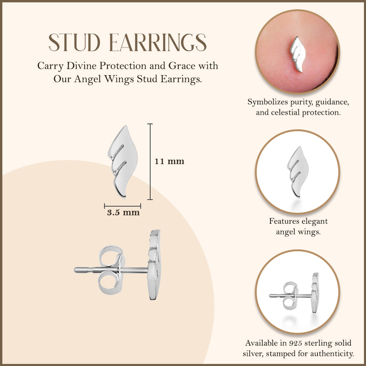 .925 Sterling Silver Angel Wings Stud Earrings