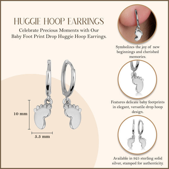 .925 Sterling Silver Baby Foot Print Drop Huggie Hoop Earrings