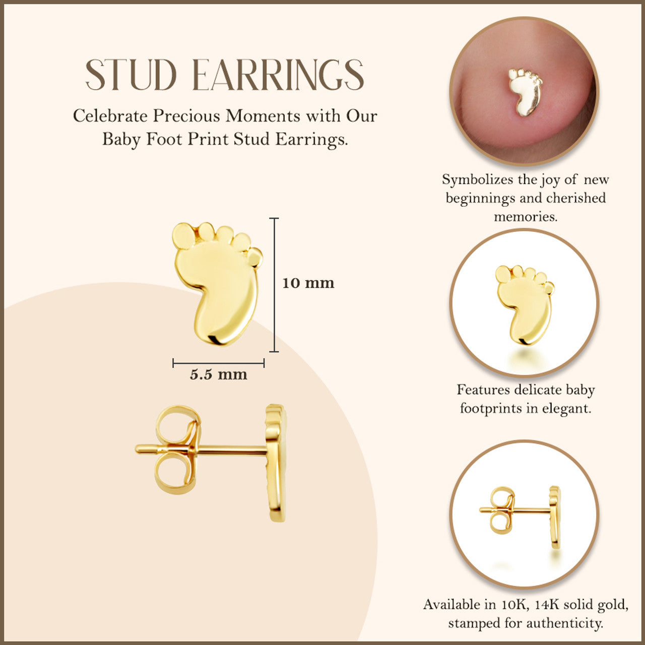 Solid Yellow Gold Baby Foot Print Stud Earrings