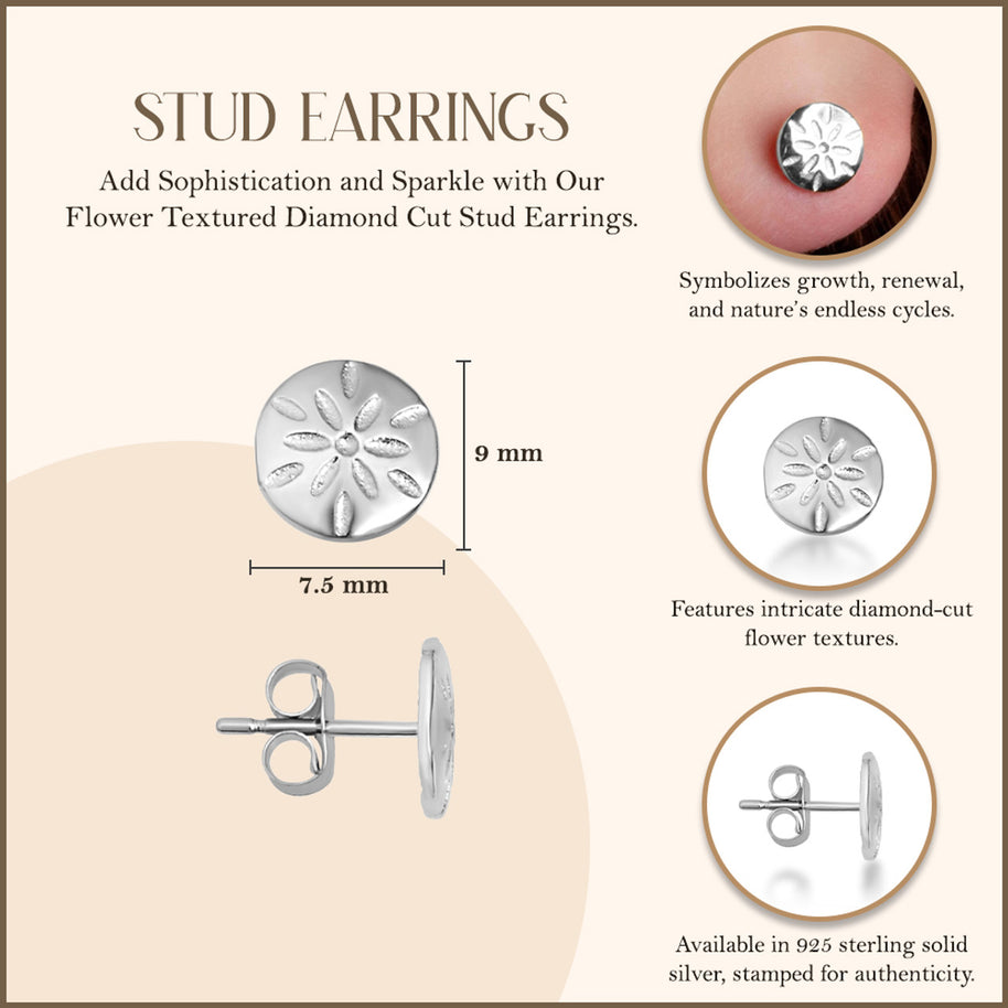 .925 Sterling Silver Flower Textured Diamond Cut Round Stud Earrings