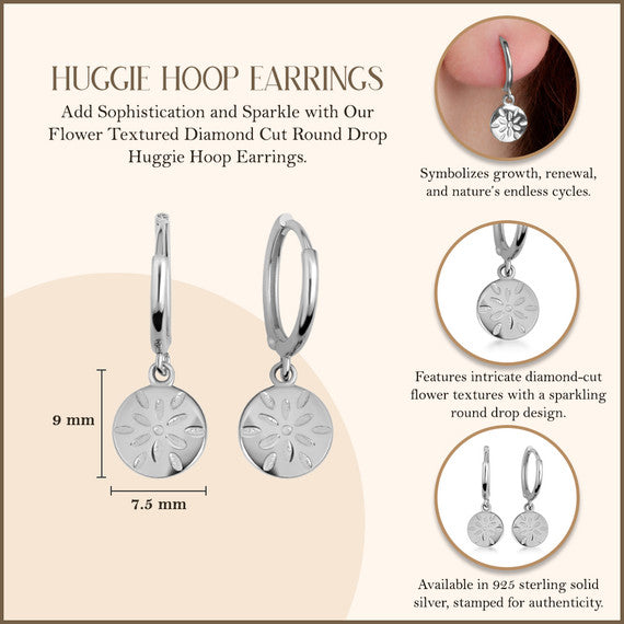 .925 Sterling Silver Flower Textured Diamond Cut Round Drop Huggie Hoop Earrings