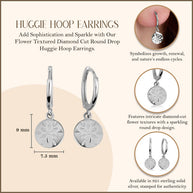 .925 Sterling Silver Flower Textured Diamond Cut Round Drop Huggie Hoop Earrings