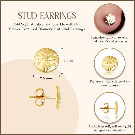 Yellow Gold Flower Textured Diamond Cut Round Stud Earrings