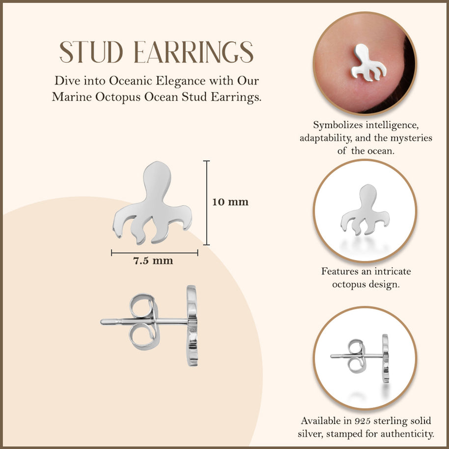 .925 Sterling Silver Marine Octopus Ocean Stud Earrings