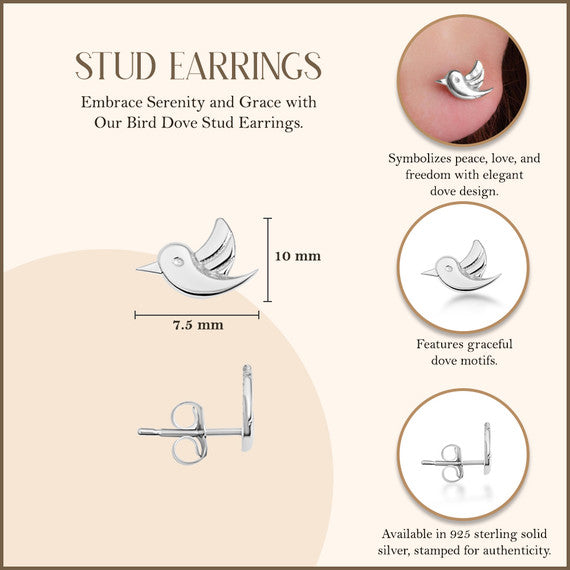 .925 Sterling Silver Bird Dove Stud Earrings