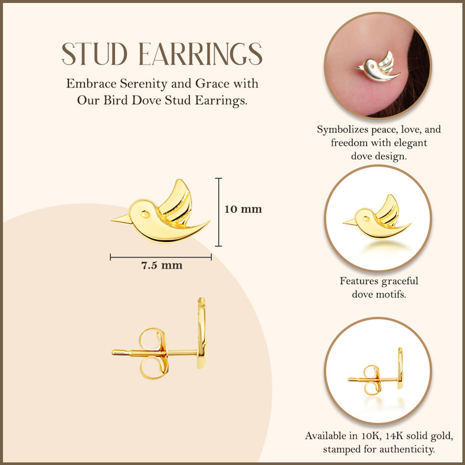 Yellow Gold Bird Dove Stud Earrings