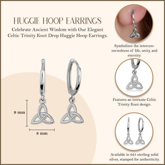 .925 Sterling Silver Celtic Trinity Knot Irish Drop Huggie Hoop Earrings