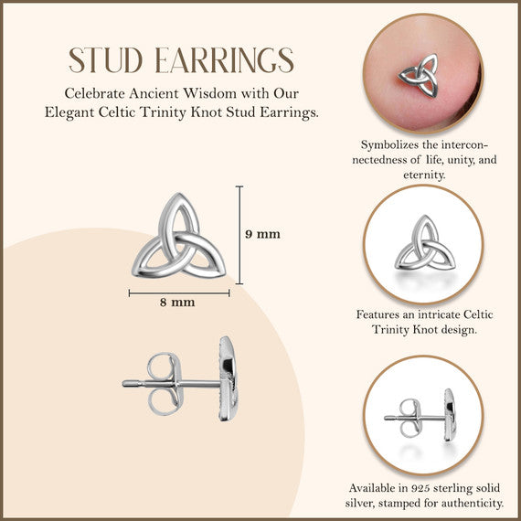 .925 Sterling Silver Celtic Trinity Knot Irish Stud Earrings