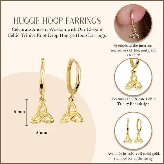 Yellow Gold Celtic Trinity Knot Irish Drop Huggie Hoop Earrings