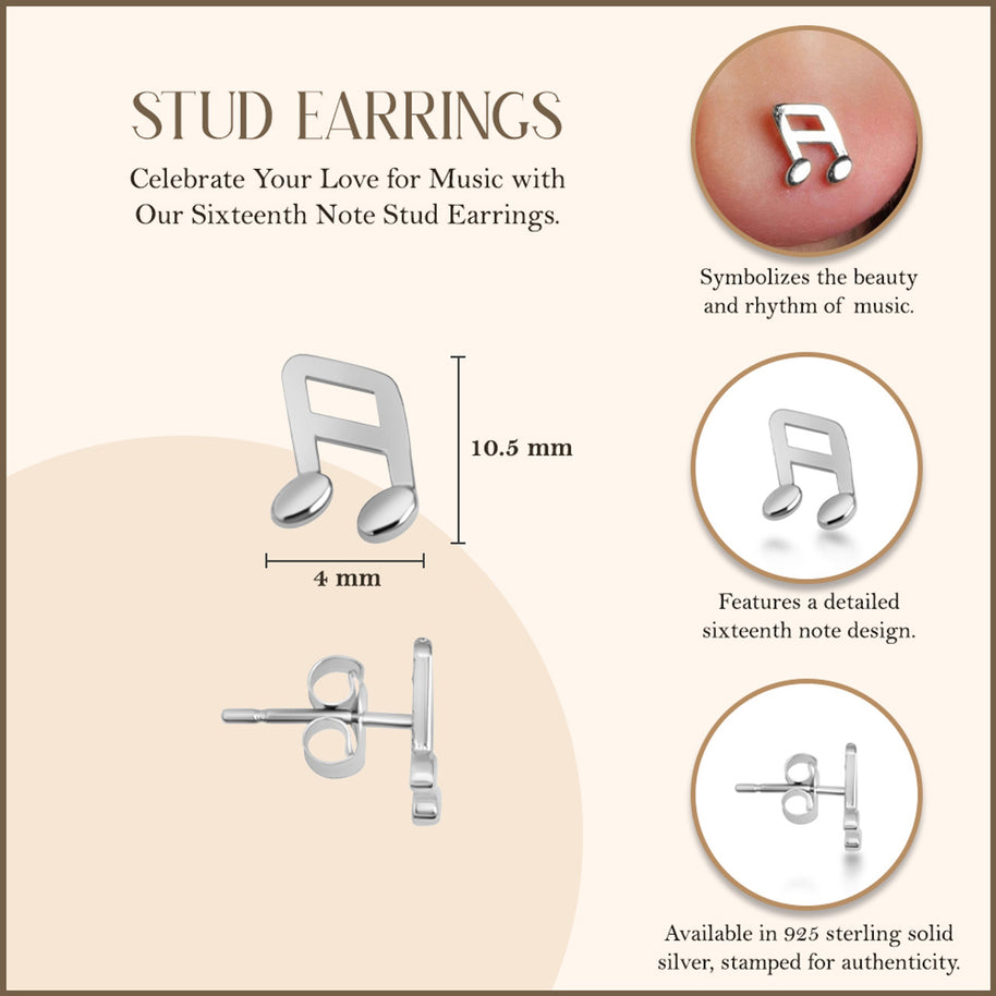 .925 Sterling Silver Sixteenth Music Note Stud Earrings